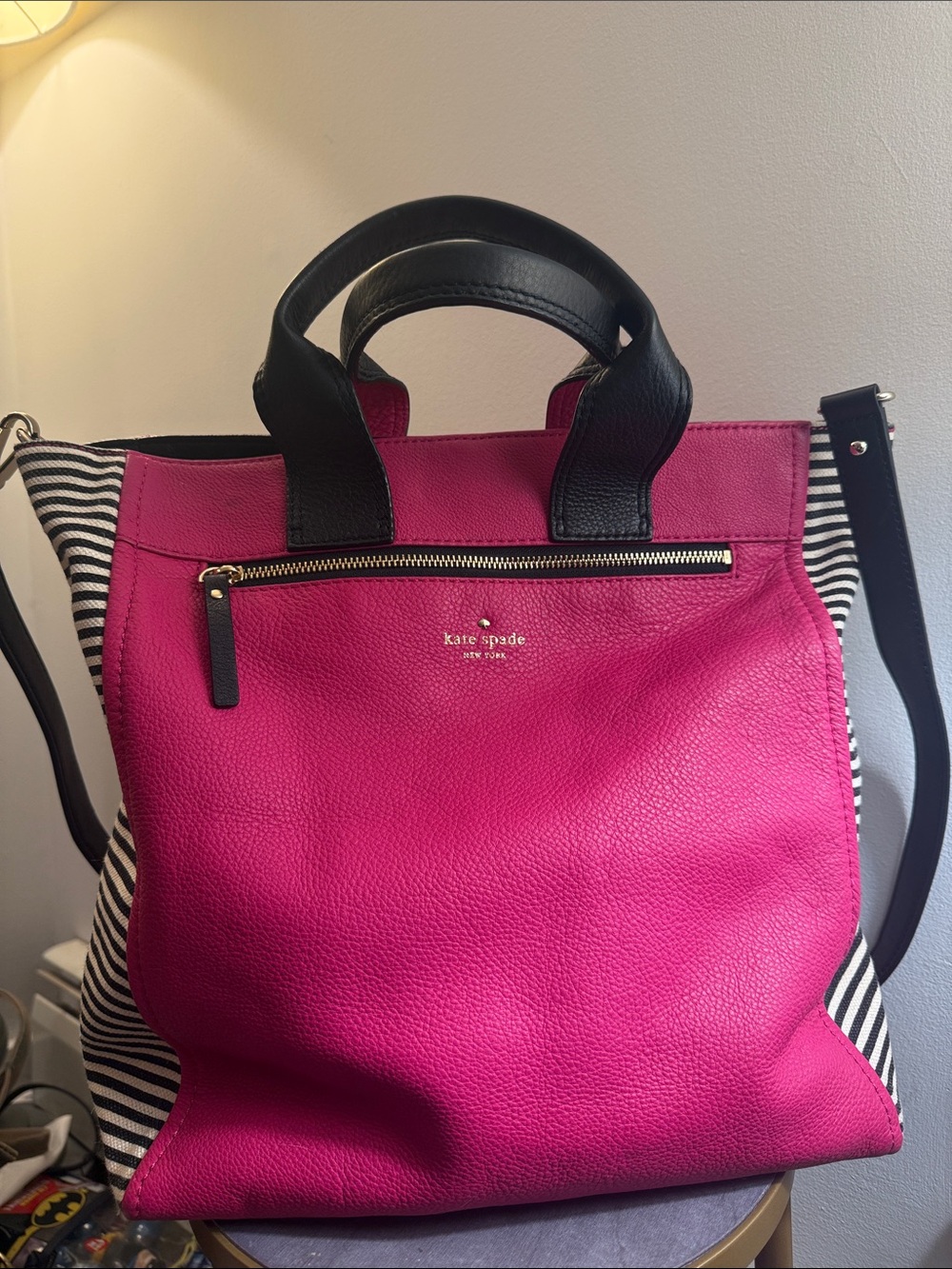 Kate Spade Cobble Hill Hayley crossbody tote bag in pink pebbled leather stripes